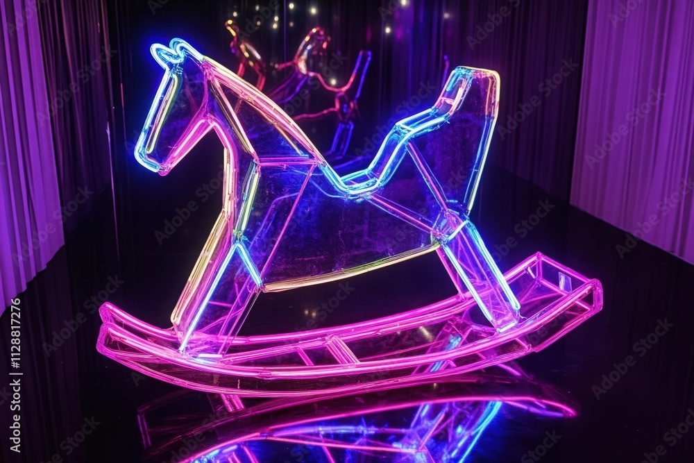 A striking neon rocking horse stands out in an artistic installation, illuminated with colorful lights. The reflective surface enhances its vibrant glow, creating a captivating atmosphere.