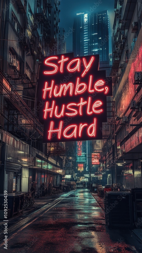 A striking neon sign reads Stay Humble, Hustle Hard in a narrow urban alley. The surrounding buildings reflect city lights, creating a vivid nighttime atmosphere.
