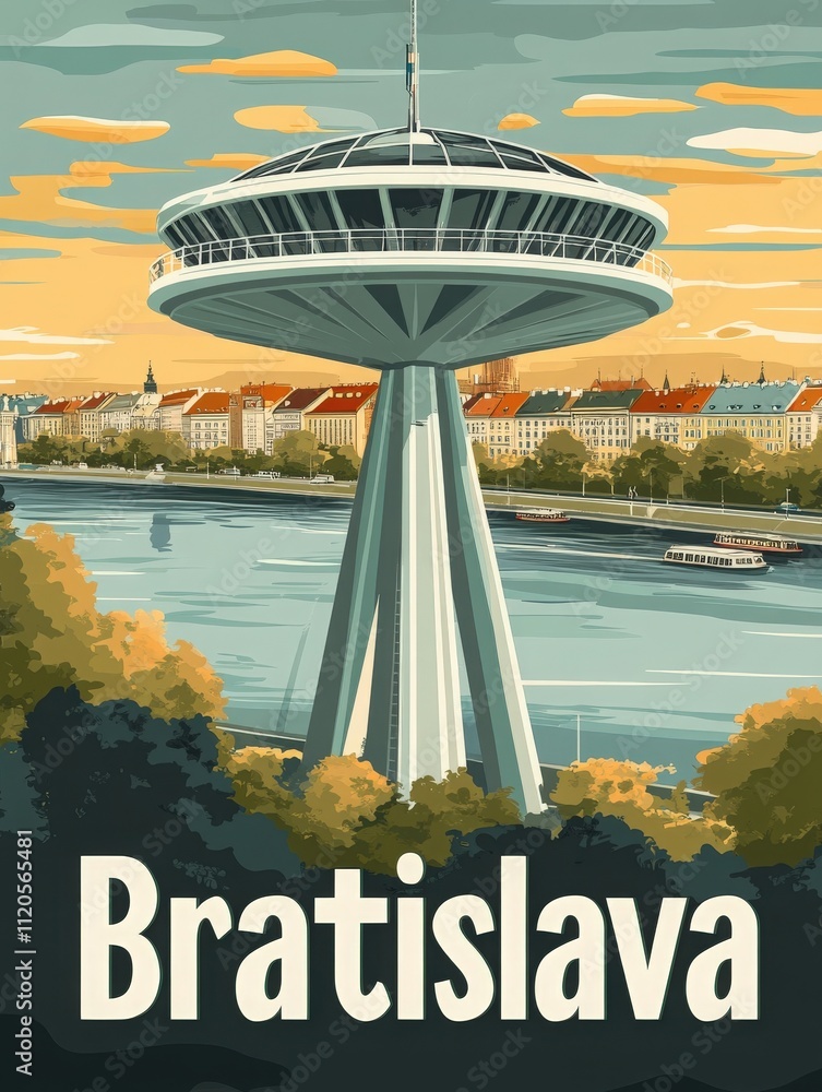 A striking observation tower stands above the Danube River, surrounded by lush trees and the skyline of Bratislava. The vibrant sunset casts an orange glow over the scene.