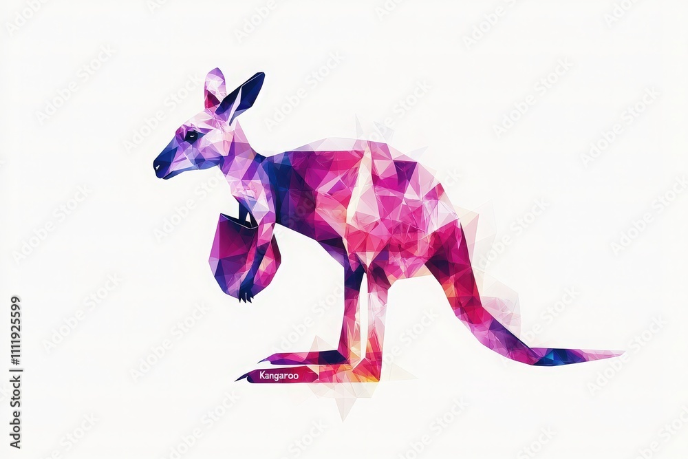 A striking representation of a kangaroo created with colorful geometric shapes. The artwork features a blend of pink and purple hues, highlighting the kangaroos form in a modern style.