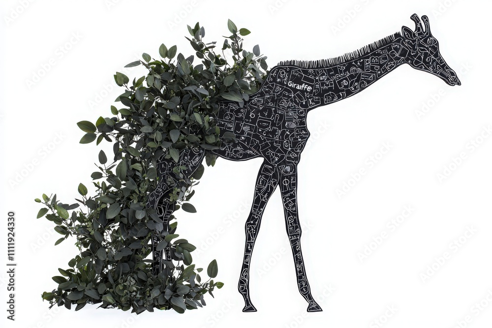A striking sculpture of a giraffe, skillfully crafted with dark patterns, features lush greenery cascading from its body, creating a captivating blend of art and nature in contemporary design.