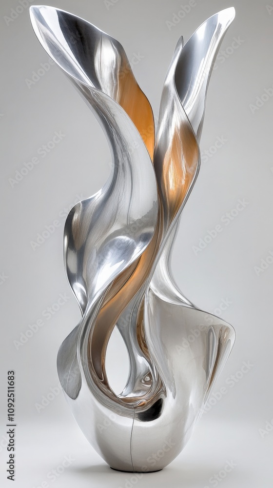 A striking sculpture reflecting light with smooth curves and elegant forms, showcasing artistry in metal. It stands prominently, adding a contemporary touch to the indoor setting.