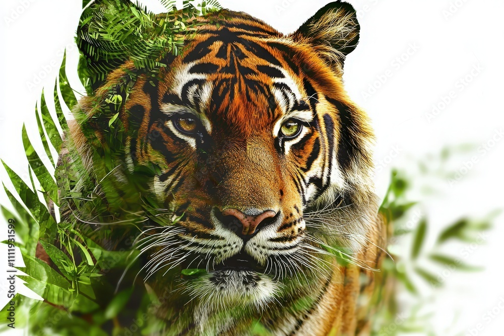A striking tiger gazes directly at the viewer, surrounded by dense green foliage. The animals powerful presence contrasts beautifully with the softness of the leaves, creating a captivating visual.