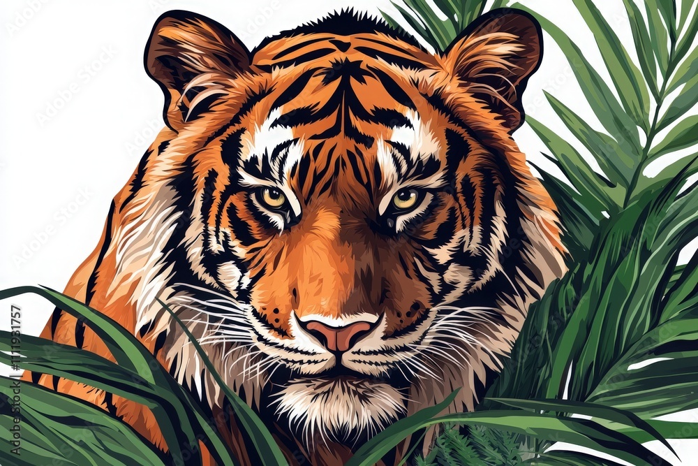 A striking tiger is observing its surroundings, partially hidden by thick green leaves in a tropical jungle. The powerful animal displays vibrant orange and black fur, showcasing its stunning beauty.