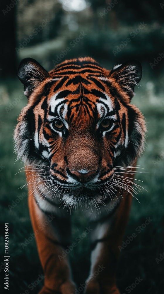 A striking tiger moves confidently through vibrant green grass, showcasing its powerful physique and distinctive orange and black stripes, evoking a sense of wild beauty in nature.