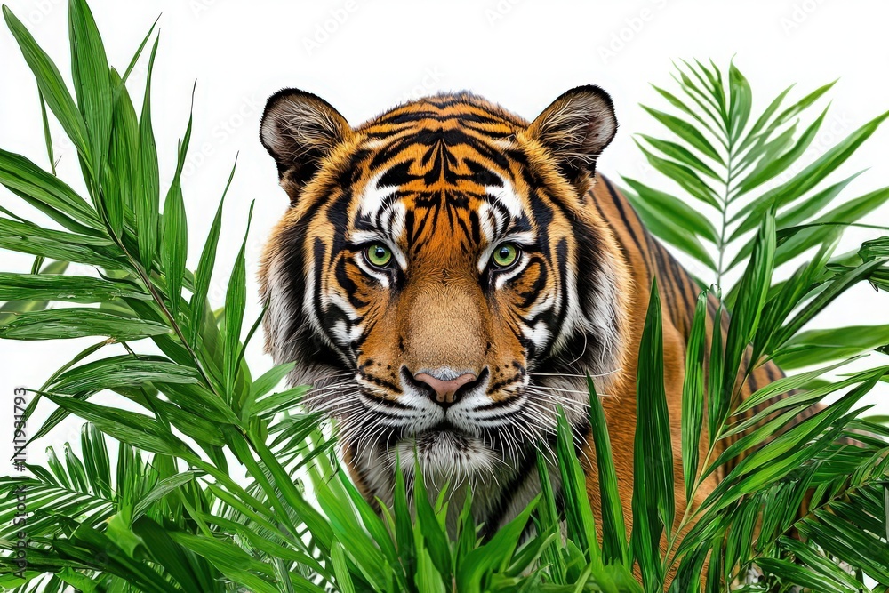 A striking tiger steps out from behind dense green plants, showcasing its powerful physique and vivid orange coat. The animals piercing gaze emphasizes its elegance in this natural habitat.