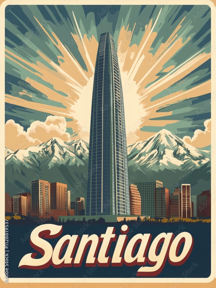 A striking view of Santiagos skyline featuring a tall modern skyscraper set against a backdrop of snow-capped mountains. The sun creates vibrant rays illuminating the cityscape.