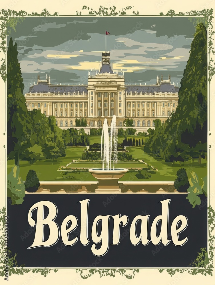 A striking view of a historic building in Belgrade, surrounded by manicured gardens and fountains. The atmosphere reflects cultural richness and serenity, perfect for visitors seeking beauty.