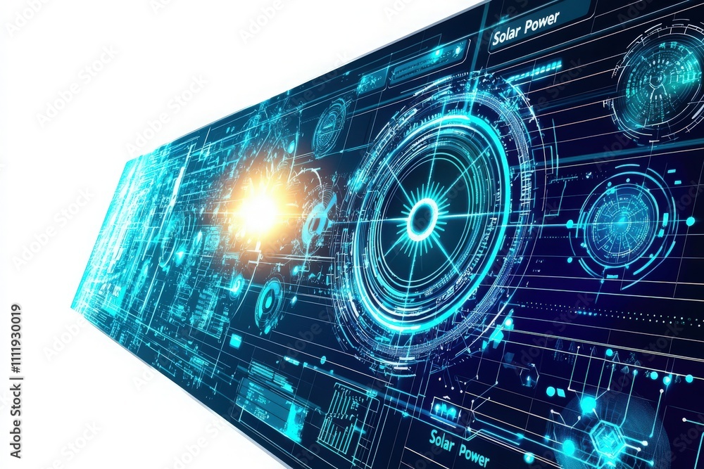A striking visual display illustrates solar power technology, with glowing graphics and interconnected elements depicting energy flow. The design features futuristic shapes and lighting effects.