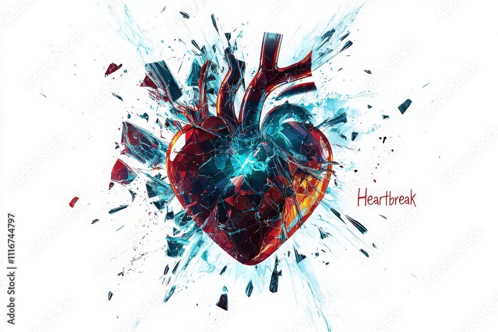 A striking visual representation of heartbreak, showcasing a bright red heart cracked open amidst shards of glass, illustrating the pain and emotion related to love lost.