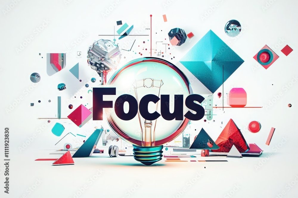 A striking visual showcases the concept of focus, featuring a light bulb surrounded by colorful geometric shapes and patterns in various sizes. The design captures attention and inspires creativity.