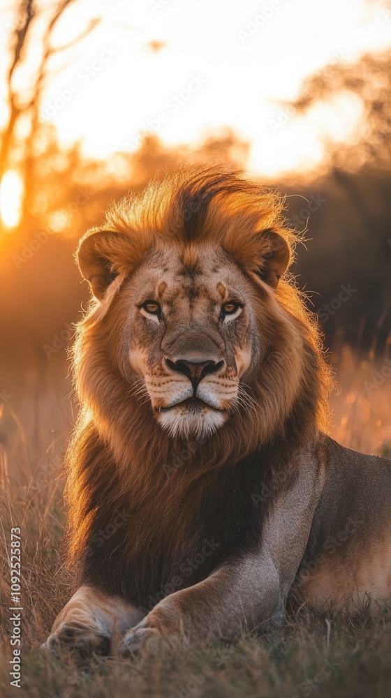 A strong lion sits calmly in tall grasses as the sun sets behind it, casting warm orange and yellow hues. The animals mane glows in the evening light, showcasing its majestic presence.