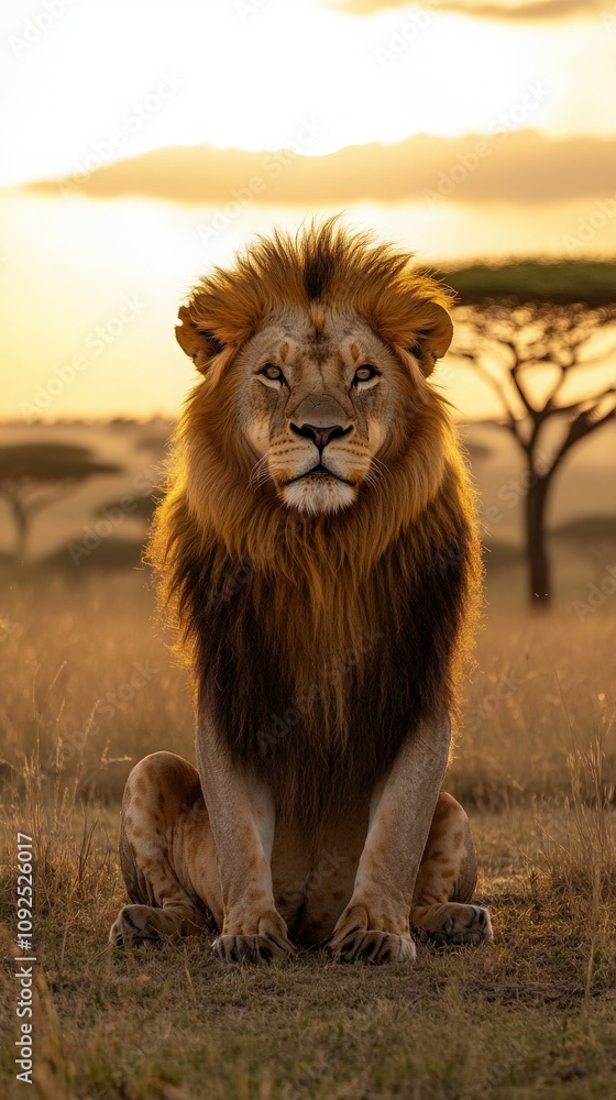A strong lion sits calmly in the golden grass of the savanna as the sun sets behind acacia trees. The animals mane glows in the warm light, showcasing its powerful presence.