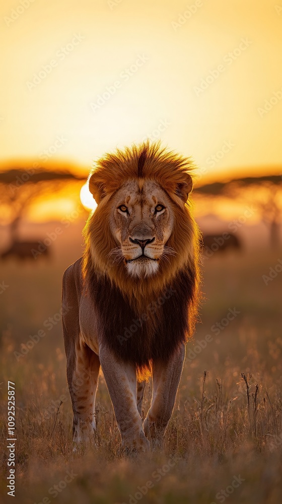 A strong lion strides across the golden landscape of the African savannah as the sun sets behind it. The warm glow highlights its mane and the distant silhouettes of grazing animals.