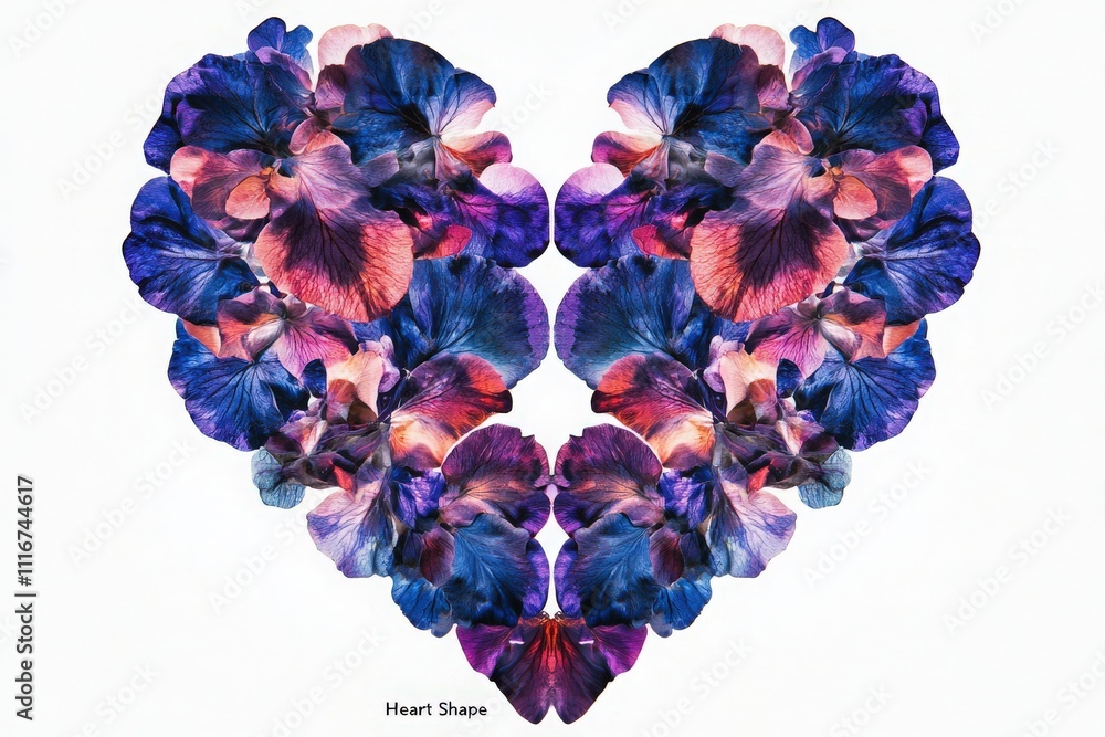 A stunning arrangement of flowers in shades of deep blue, purple, and hints of pink forms a heart shape against a clean white backdrop, symbolizing love and natures beauty.