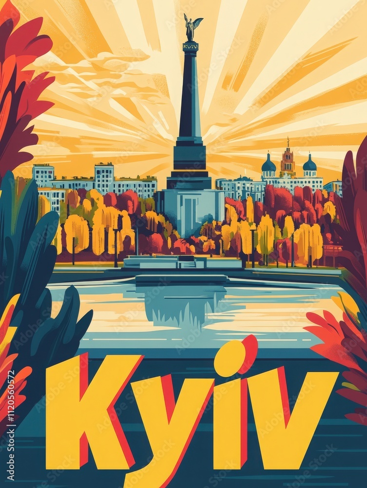 A stunning autumn day in Kyiv showcases a prominent monument surrounded by vibrant fall foliage and reflecting waters. The skyline features beautiful architecture against a colorful sunset.