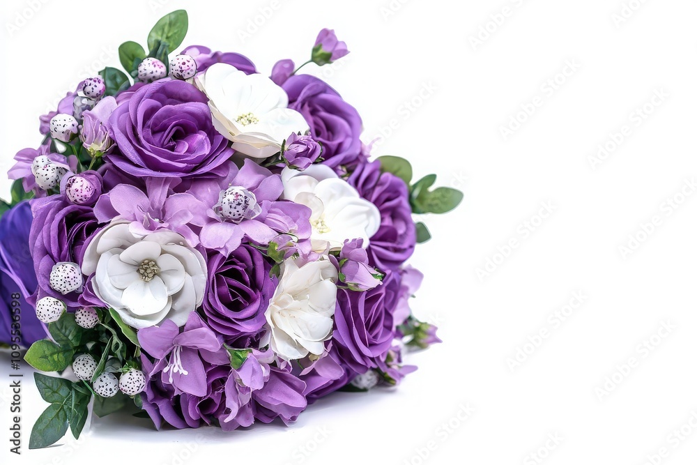 A stunning bouquet of purple and white flowers is arranged beautifully. The bouquet includes vibrant roses, delicate blossoms, and green leaves, making it perfect for weddings or celebrations.