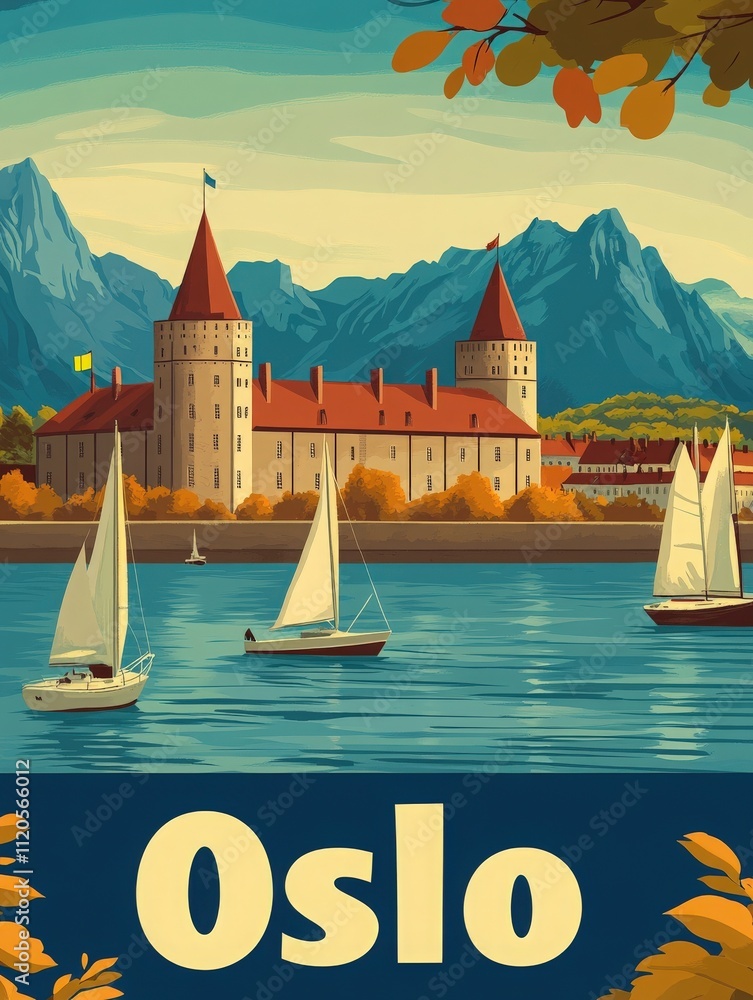 A stunning castle stands by the water in Oslo, surrounded by colorful trees and majestic mountains. Sailing boats glide across the serene surface, reflecting the vibrant autumn colors.
