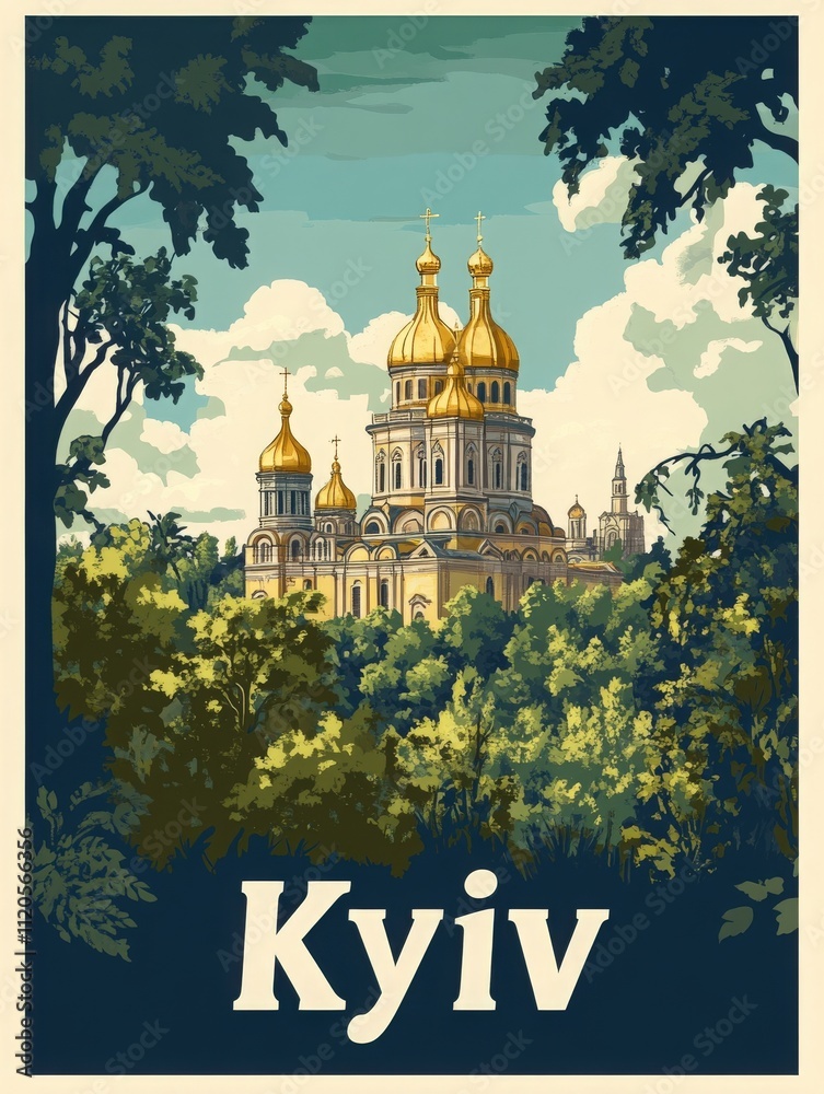 A stunning church in Kyiv features golden domes that glisten in the sunlight. Lush greenery encircles the structure, highlighting its architectural elegance against a blue sky with clouds.