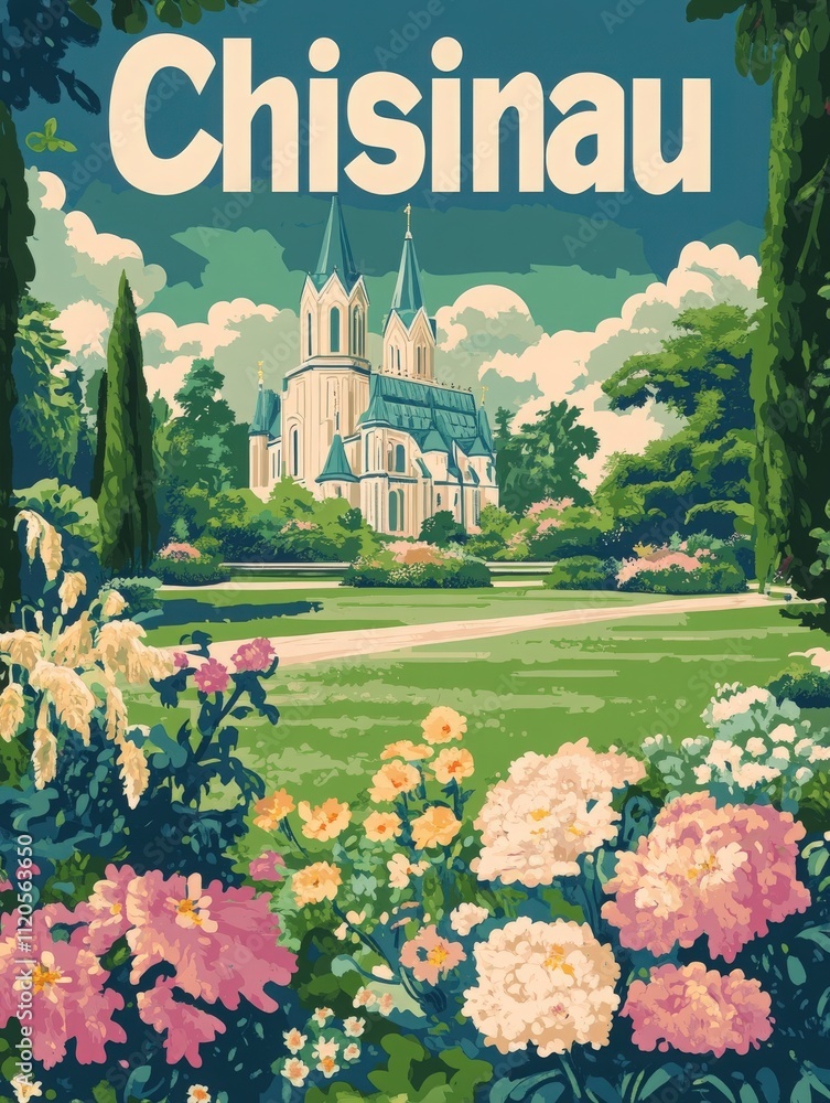 A stunning church with tall spires stands amidst a lush green park in Chisinau. Colorful flowers bloom in the foreground, showcasing the vibrant beauty of the landscape on a sunny day.