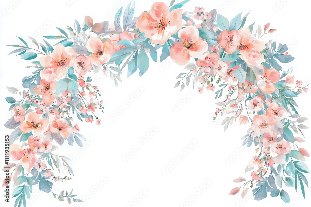 A stunning floral arch featuring delicate pink flowers and lush green foliage creates a beautiful backdrop for any spring event. Ideal for weddings or outdoor gatherings.