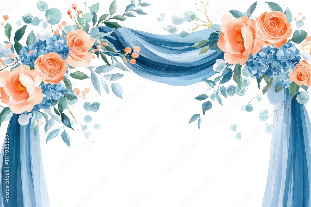 A stunning floral decoration features soft peach roses and blue hydrangeas intertwined with lush greenery. The elegant blue drapery enhances the aesthetic, perfect for special events.