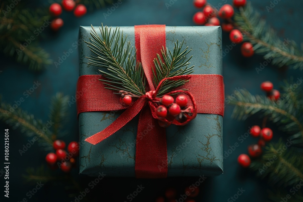 A stunning gift box adorned with vibrant red ribbon and natural elements, including a sprig of pine and berries, captures the spirit of festive giving during the holiday season.