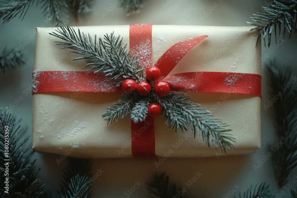 A stunning gift is elegantly wrapped in neutral paper, adorned with a red ribbon and festive greenery. Snowflakes delicately rest on the wrapping, enhancing the winter atmosphere.