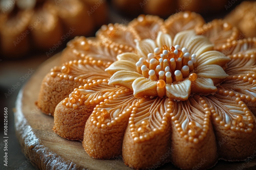A stunning gingerbread cookie adorned with elaborate icing in the shape of a flower featuring vibrant details. This festive treat showcases craftsmanship and holiday spirit.