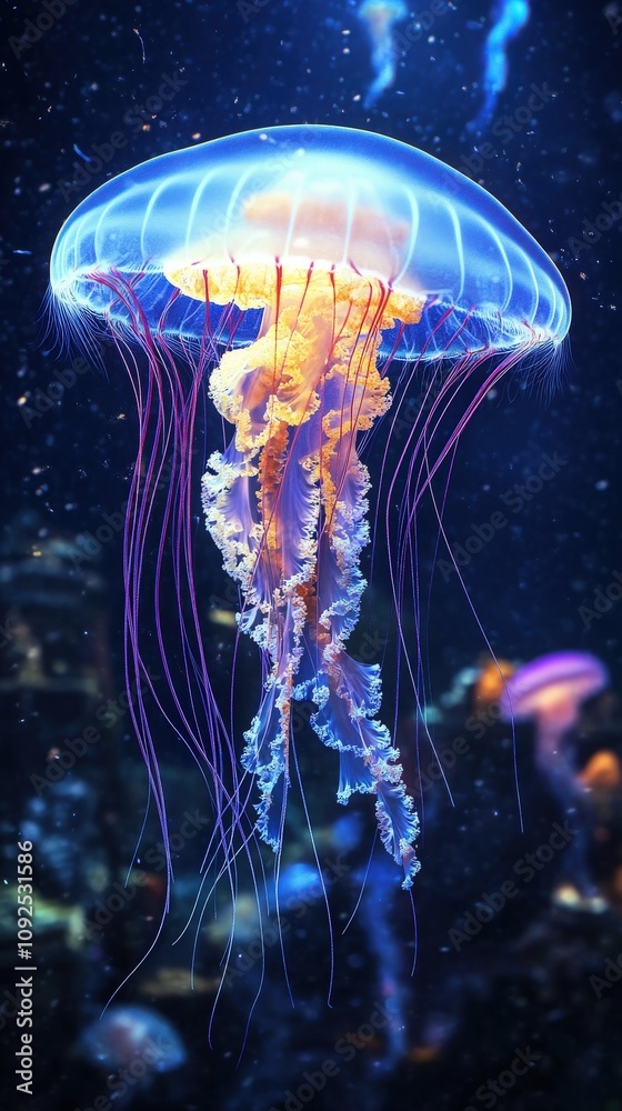 A stunning jellyfish with luminescent colors moves fluidly through the water, its long tentacles trailing behind.