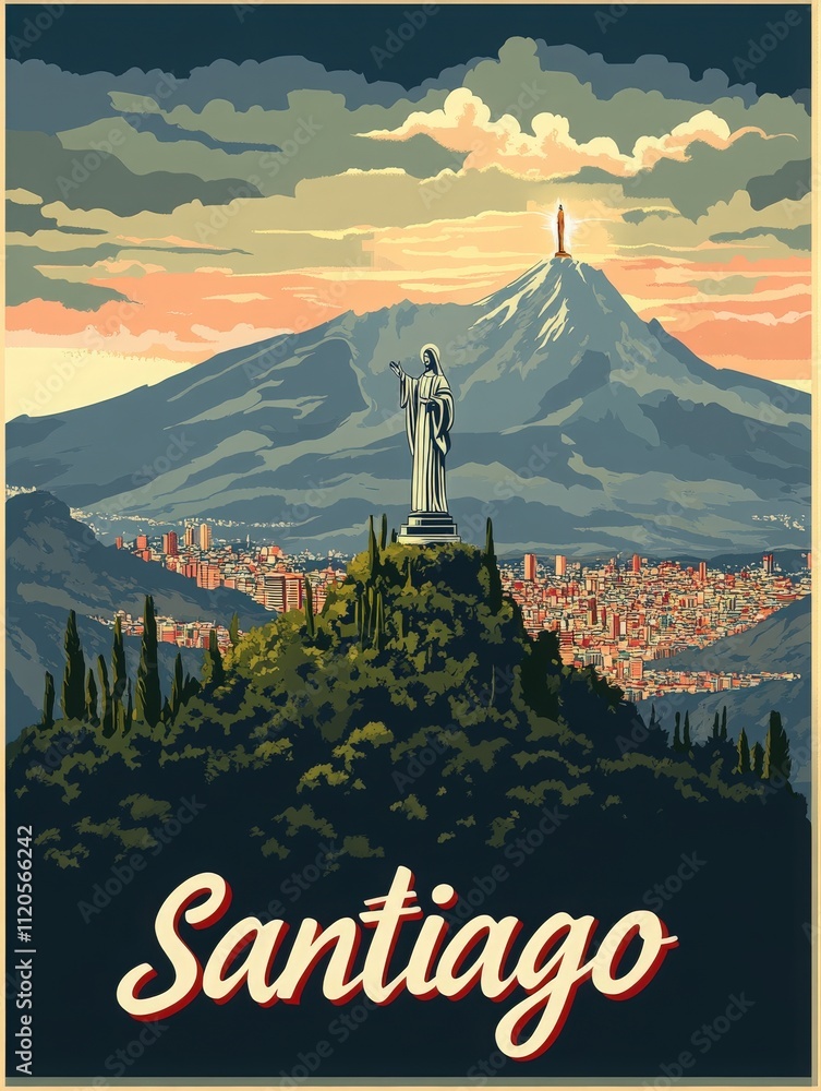 A stunning landscape of Santiago showcases a prominent statue on a hill, surrounded by lush greenery, with the Andes mountains in the background. The city glows under a colorful sunset.
