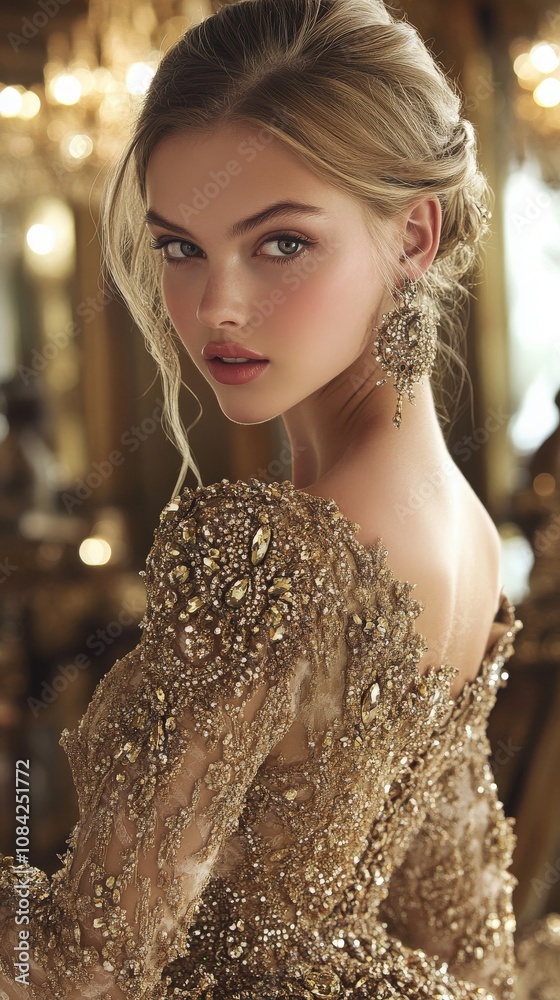 A stunning model showcases a lavish gown adorned with intricate details in an opulent space filled with golden accents and soft lighting, creating a dreamy, sophisticated atmosphere.