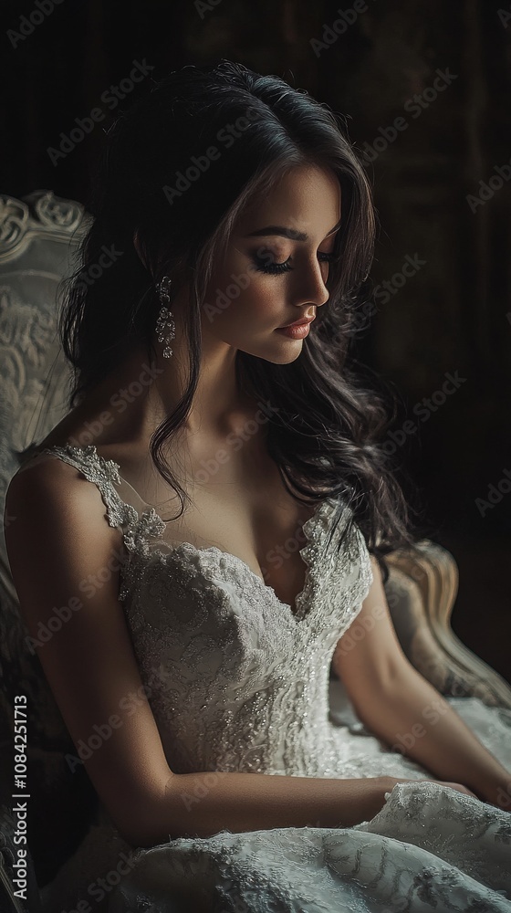 A stunning model sits gracefully in a beautifully designed vintage chair, wearing an intricate gown.