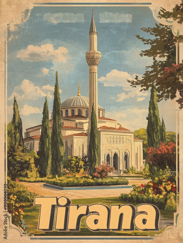 A stunning mosque stands in Tirana, surrounded by manicured gardens and tall cypress trees under a clear blue sky. The architecture showcases intricate designs and a tall minaret.