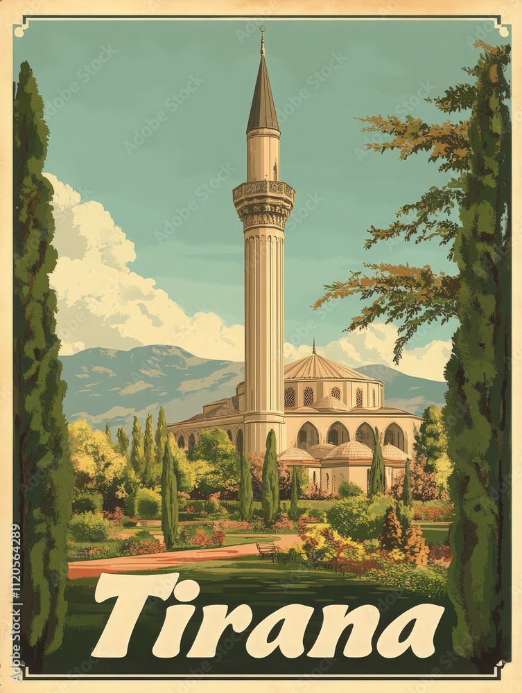 A stunning mosque stands tall amidst well-kept gardens in Tirana, featuring a prominent minaret and picturesque landscape. The backdrop includes mountains under a clear sky.