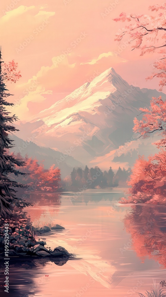 A stunning mountain rises majestically in the background, with a serene lake reflecting its beauty. Vibrant autumn foliage surrounds the water, creating a peaceful atmosphere at dusk.