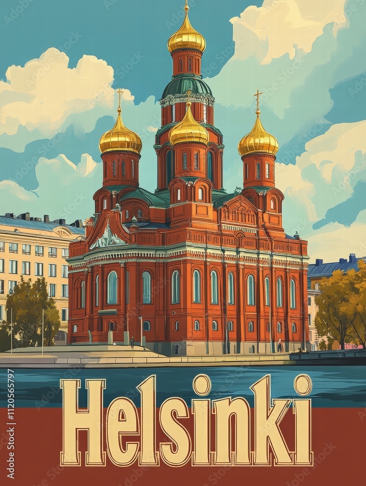 A stunning red-brick church with golden domes stands majestically in Helsinki. The vibrant building contrasts with a serene blue sky, showcasing the citys rich history and architectural beauty.