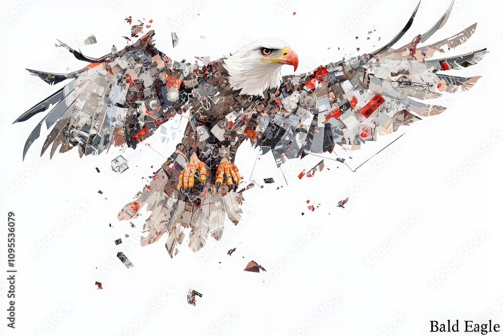 A stunning representation of a bald eagle formed from a collage of diverse images. The eagle appears as if in flight, symbolizing strength and freedom, showcasing intricate details and colors.