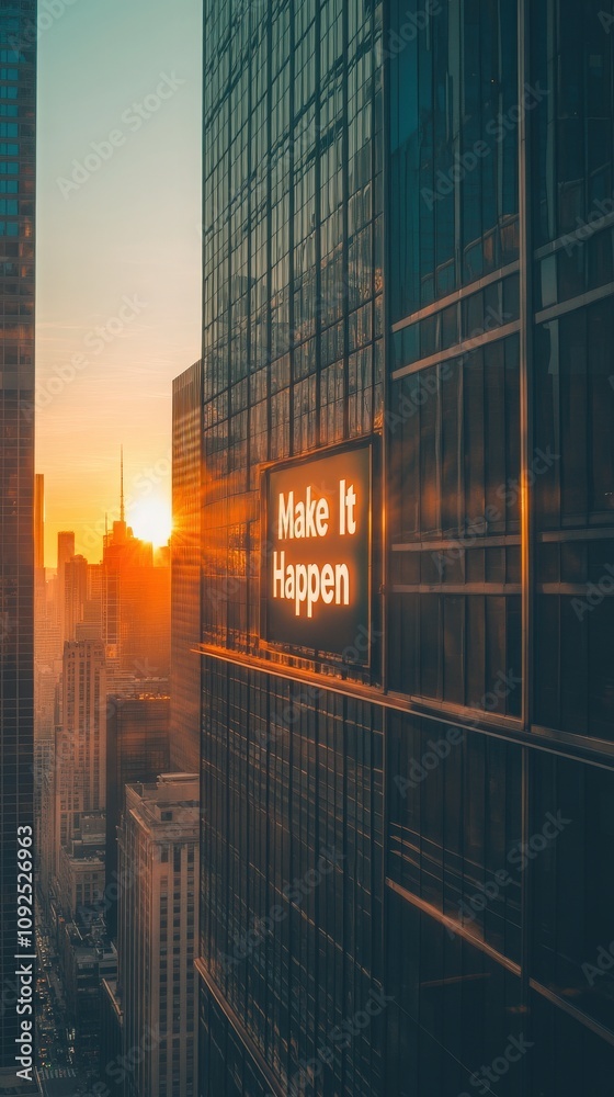 A stunning sunset illuminates the city skyline, with tall buildings casting shadows. A bright sign on a glass building reads Make It Happen, inspiring ambition as day turns to night.