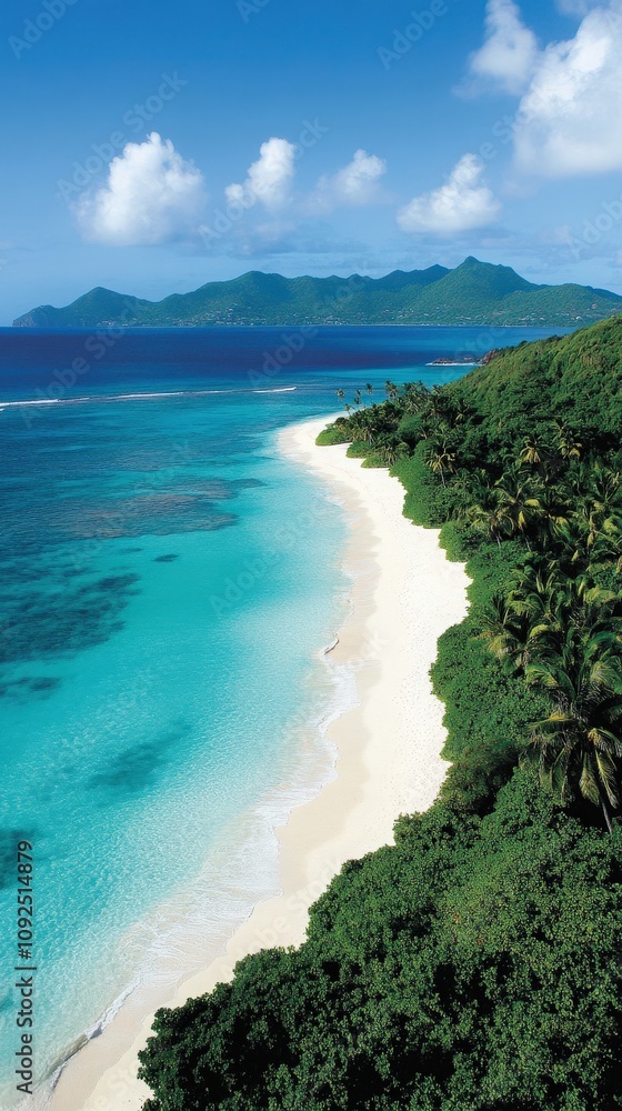A stunning tropical beach showcases pristine white sand and vibrant turquoise water. Lush greenery lines the shore while distant mountains frame the vibrant landscape, under a bright sky.