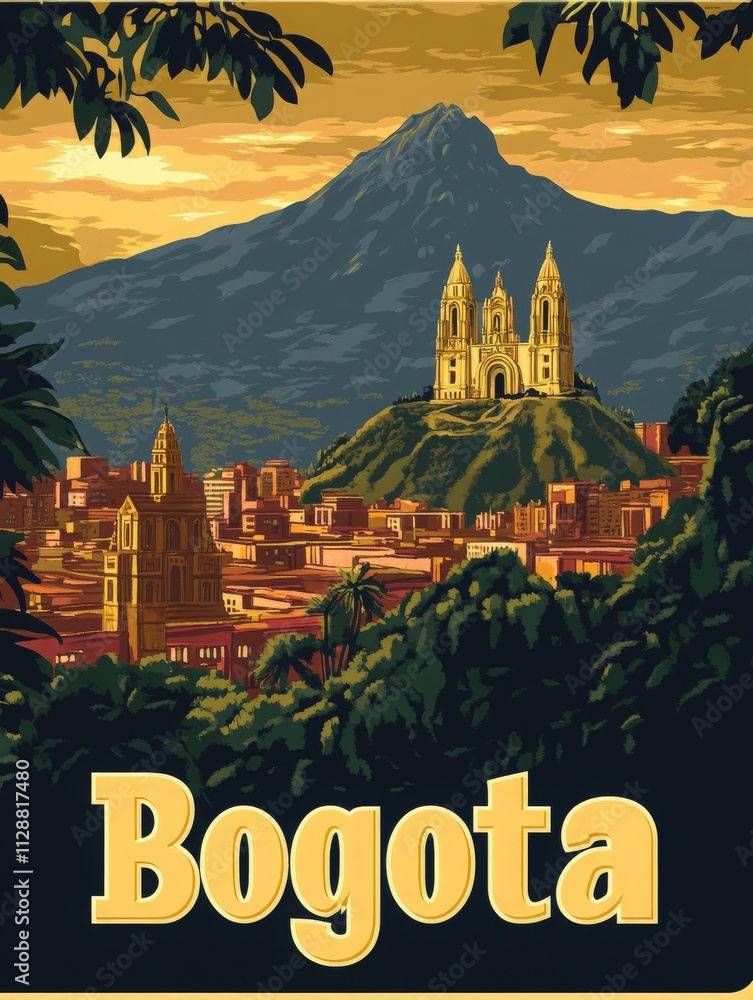 A stunning view of Bogota at dusk showcases the city bathed in warm colors. The iconic Monserrate hill, topped with its historic church, rises majestically above the urban landscape.