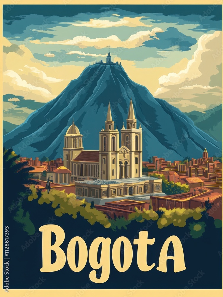 A stunning view of Bogota features a notable church in the foreground against the backdrop of Monserrate mountain. The sky is filled with dramatic clouds, enhancing the citys beauty.