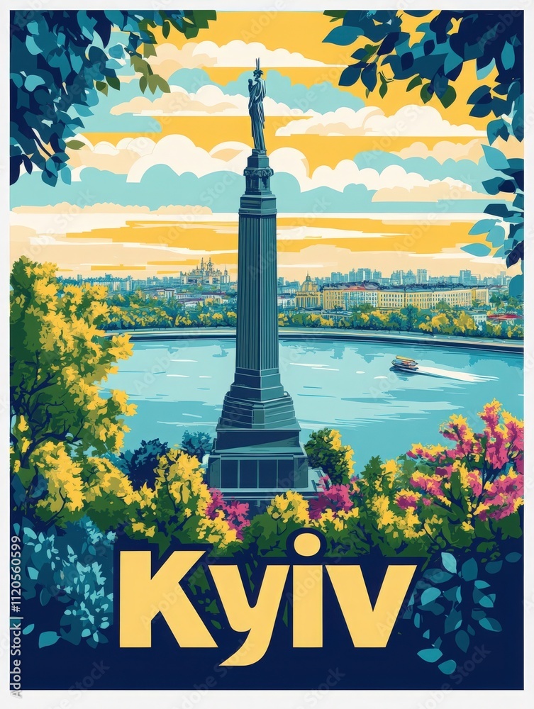A stunning view of Kyiv showcasing a tall monument against a backdrop of colorful trees and a tranquil river. The warm hues of sunset enhance the beauty of the city landscape.