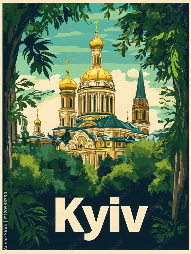 A stunning view of Kyivs architectural beauty, showcasing the golden domes of a prominent cathedral surrounded by lush trees. The sky is bright, enhancing the vibrant scene.