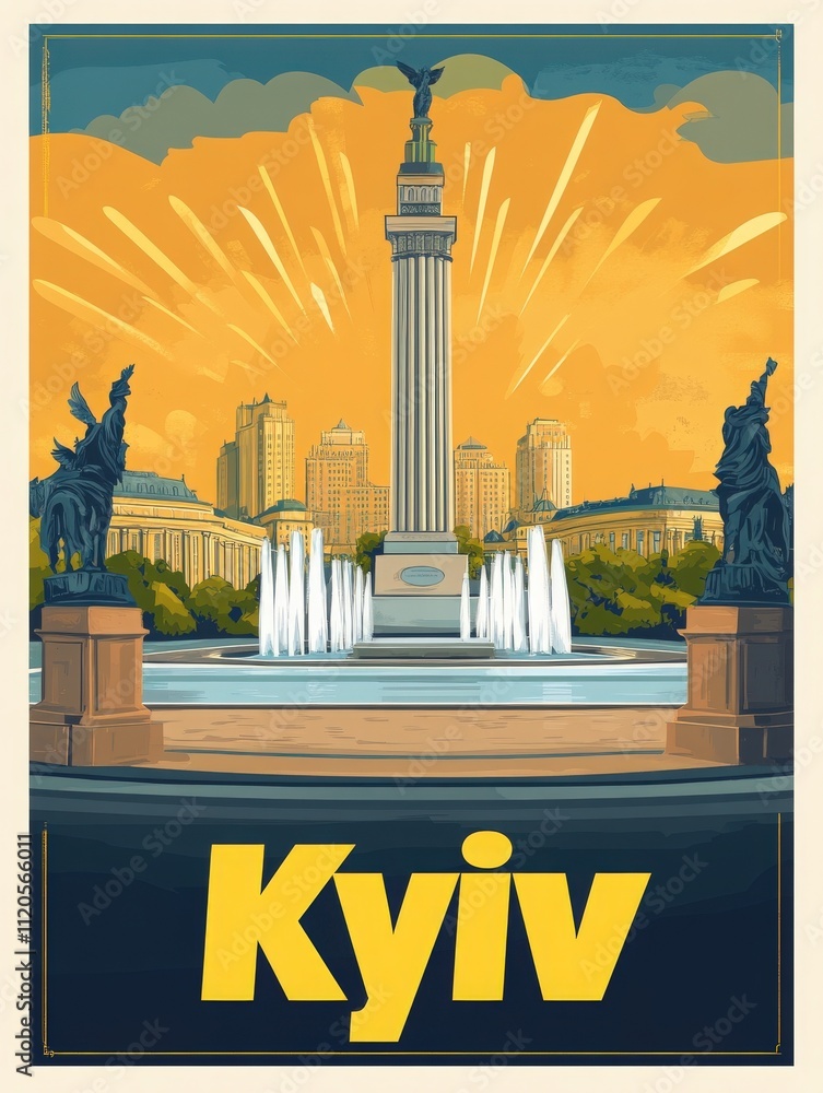 A stunning view of Maidan Nezalezhnosti, Kyivs central square, features the tall monument surrounded by elegant fountains and vibrant city buildings illuminated by a golden sunset.