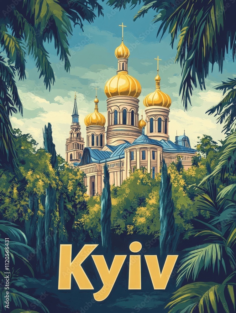 A stunning view of a historic golden-domed church surrounded by vibrant trees in Kyiv, showcasing the citys architectural beauty and natures charm during a sunny day.