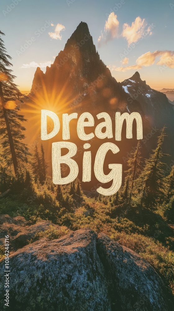 A stunning view of a majestic mountain range during sunset, with bright sunlight illuminating the scene. The quote Dream Big is prominently displayed in bold typography amidst the natural beauty.