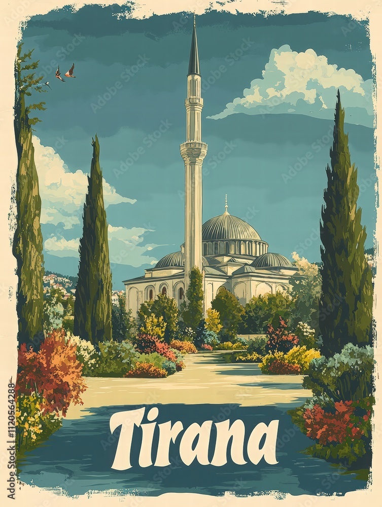 A stunning view of a mosque surrounded by vibrant gardens in Tirana. Tall trees frame the scene while a clear blue sky adds to the charm. Perfect for appreciating the citys rich history and culture.