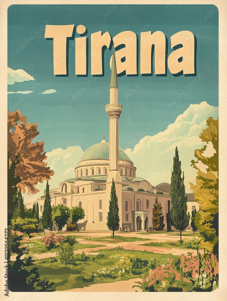 A stunning view of a mosque with a tall minaret surrounded by lush gardens in the heart of Tirana. The sky is clear and blue, highlighting this architectural gem amidst nature.