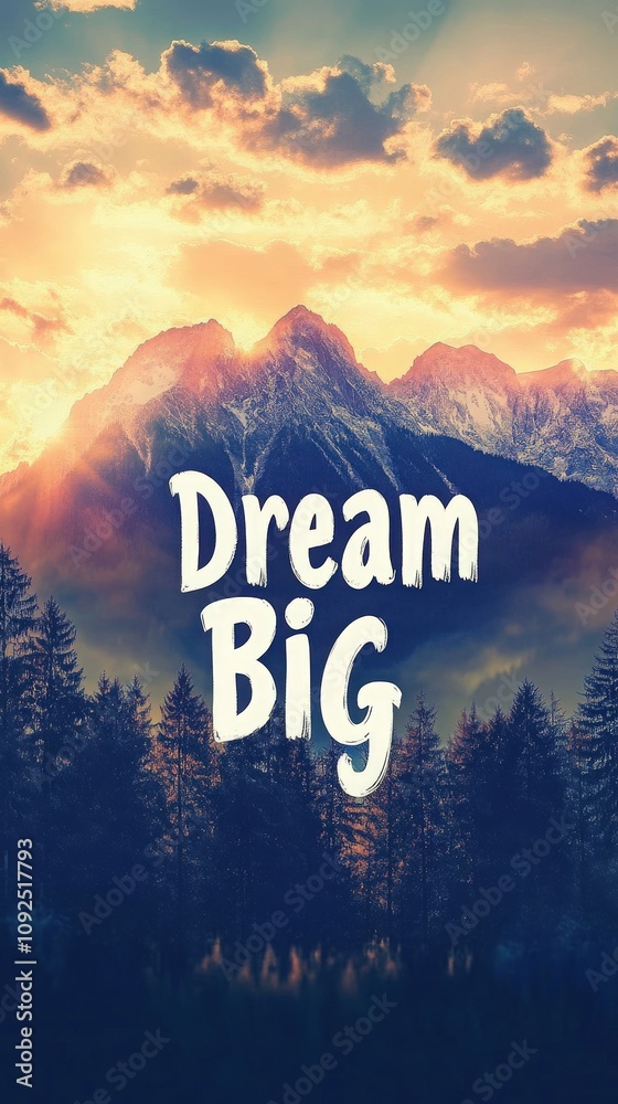 A stunning view of majestic mountains graced by a colorful sunrise. The foreground features dark trees, while the words Dream Big stand out boldly across the serene landscape, promoting ambition.